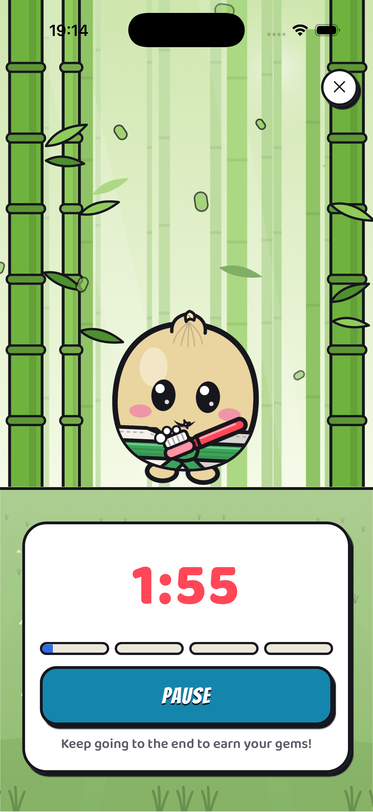 The brushing screen: Dim brushes his teeth, with the 4-segment progress bar