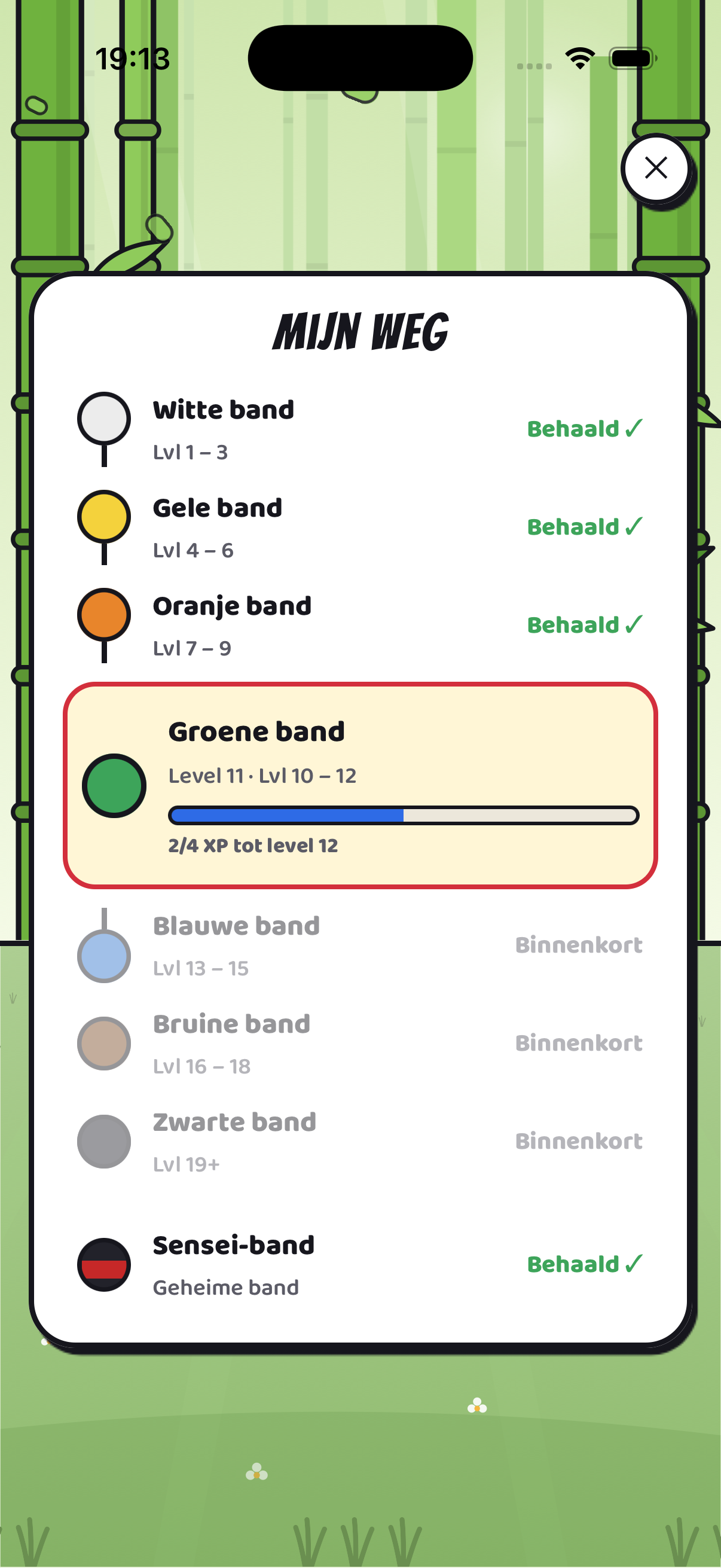 Het scherm Mijn weg: de ladder van banden en de ervaringsbalk